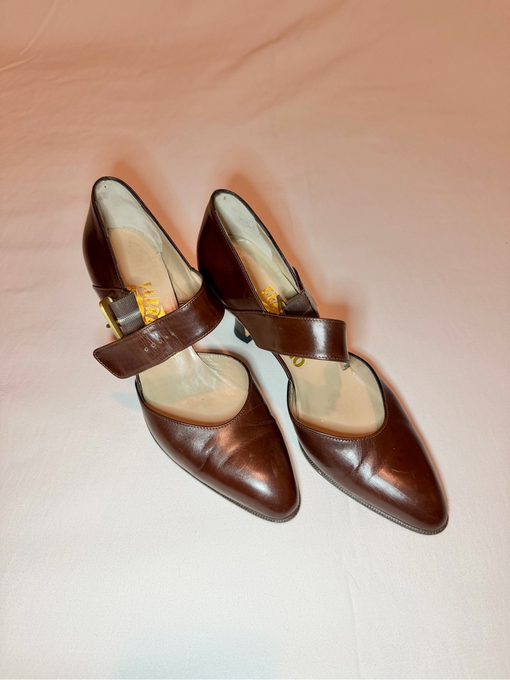 Ferragamo vintage brown leather Mary Jane Heels-recent fixed heel
